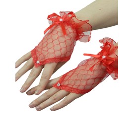 Yummy Bee Delicate Lace Fingerless Gloves Black White Red Short Ruffled Satin Ribbon (Red)