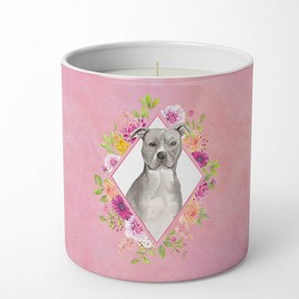 Caroline's Treasures CK4269CDL Blue Pit Bull Terrier Pink Flowers 10 oz Decorative Soy Candle Nature Soy Wax Essential Oil Home Decor Ideal for Bedroom Kitchen Bath Office Gift, 10 oz