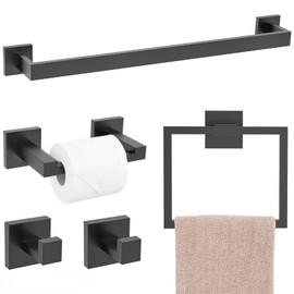 TQKAG Matte Black Bathroom Hardware Accessories Set 5 Pieces, Double Post Pivoting Toilet Paper Holder Set Stainless Steel Square Bathroom Towel Bar Holder Set Wall Mounted