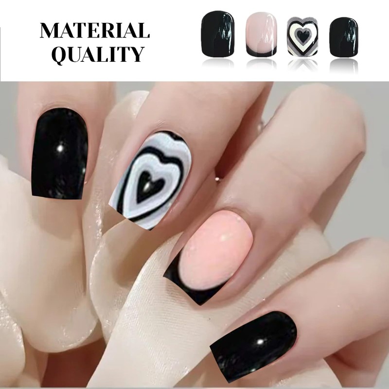 Kabwea Artificial Nails Set 24 Pieces, Black and White French