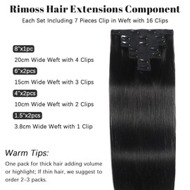 Rimoss Clip in Hair Extensions Real Human Hair, Premium 24 Inch 7pcs Natural Black Remy Human Hair Clip in Hair Extensions Straight, Hair Extensions Real Human Hair Clip ins for Women (#1B 24 Inch)