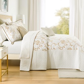 Quilta 100% Cotton Bedspread California King Size - 120"x120" Beige Floral Embroidery Pattern Quilt Set, Elegant and Textured Coverlet, Lightweight Comforter Soft Bedding Set 3pcss, Beige/Tan