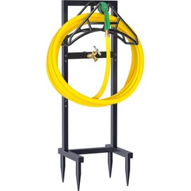 Artigarden Outdoor Garden Hose Holder Freestanding with Brass Faucet And 4 Spikes, Heavy Duty Metal Water Hose Reel Stand Hanger Rack Organizer Holds Storage 150ft Hose for Outside Yard Lawn, Black