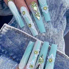 Coffin Press on Nails Long Fake Nails Green False Nails with Glitter Designs Stick on Nails 3D Flower Glue on Nails Glossy Rhinestones Artificial Nails for Women 24 pcs