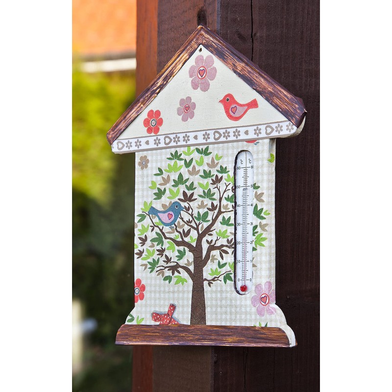 Wall Thermometer "House", Made of Raw Wood