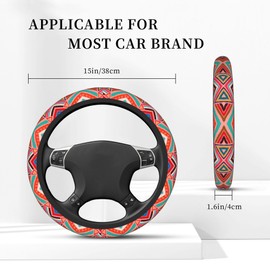Tribal Aztec Style Steering Wheel Cover for Women Men, Cool Bohemian Red Steering Wheel Protector Custom Car Accessories for SUV Trucks (15 Inch)