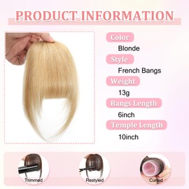 Clip In Fringe 100% Real Human Hair Bangs Clip Thin French Bangs On Air Bangs With Temple Wispy Bangs Hair Extensions for women (Blonde, Clip in French Bangs)