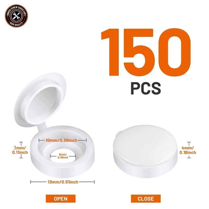 HNYYZL Plastic Hinged Screw Covers - 150 White Snap-On Caps,