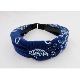 Ellas Bandana Headband Twist Knot Soft Paisley Fabric Rigid Plastic Covered Headband - Navy Blue