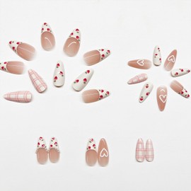 Press on Nails Medium Almond Fake Nails French Tip Nails Press ons Glossy Glue on Nails Nude False Nails with Heart Strawberry Designs White Full Cover Stick on Nails for Women 24Pcs
