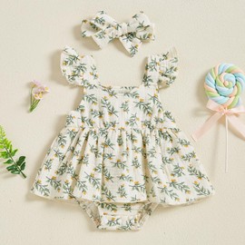 Himllauen Baby Girl Romper Dress Bow Print Short Sleeve Jumpsuit Newborn Baby Casual Romper with Headband 2 Pieces Outfit for Baby Girls 0-18 Months (Beige 1, 3-6 Months)