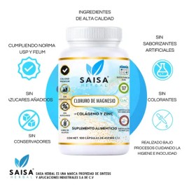 Cloruro De Magnesio + Colágeno Y Zinc | 100 Cápsulas | Suplemento Alimenticio | Saisa Hebral | Huesos y musculos fuertes, cuidado de piel