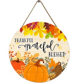 Thanksgiving Pumpkin Front Door Sign, Thanksgiving Fall Wooden Door Outdoor Porch Decor, Farmhouse Thanksgiving Wooden Wreath Indoor Wall Decor 12 Inch