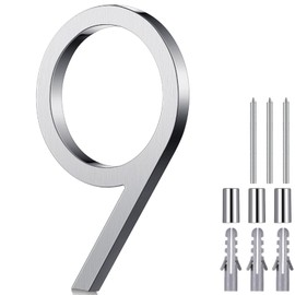 Blulu 8 Inch Stainless Steel Floating Large House Number 0-9 for Outside Modern Floating Address with Nail Kit and Instructions High Gloss Silver Address(Number 9)