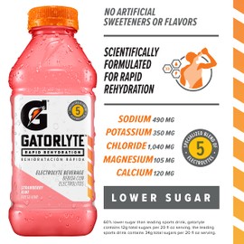Gatorlyte Rapid Rehydration Electrolyte Drink, Strawberry Kiwi, Specialized Blend of 5 Electrolytes, Lower Sugar, No Artificial Sweeteners or Flavors, 20 fl oz Bottles (12 Pack)