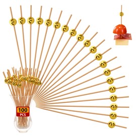100 Pcs Cocktail Picks, 4.7 Inch Ball Toothpicks for Appetizers, Cocktail Skewers for Drinks, Fruits, Wooden Long Toothpicks Charcuterie Sticks, Party Decorations Supplies (Gold)