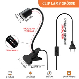 E27 Clamp Lamp Holder with 240 cm Cable 360° Adjustable Flexible Gooseneck Clamp Light with Switch Lamp Holder with Clip Clamp Lamp with Plug LED Bed Lamp Clamp Light Bedroom