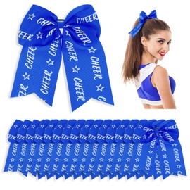 Landical 16 Pcs 7 Inch Large Cheer Hair Bows for Teens Girls, Cheerleader Bows with Elastic Hair Tie Ponytail Holder Band for Cheerleading College Sports Softball Birthday Competition Parties(Blue)