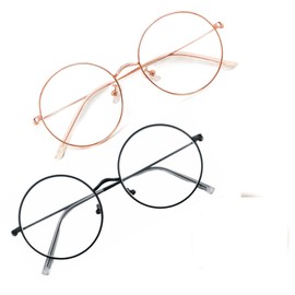 2-Stück Blaulichtfilter Brille,Fake Brille Schwarz,Runde Brille Ohne Stärke,Fake Glasses,Fensterglas Brille Damen,Herren,Kinder,Erwachsene Accessoires,Damen Herren,Klein Metal,Durchsichtig,Gold