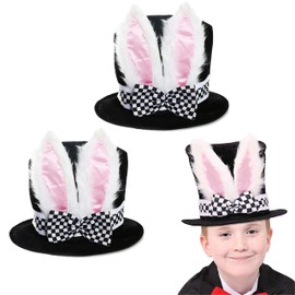 Kids White Rabbit Hat Costume Accessory - Girls & Boys White Rabbit Fancy Dress Accessory - White Rabbit Black Top Hat With Checkered Band & Bow, & Fluffy White Bunny Ears - Pack Of 2