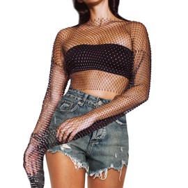 CYCLAMEN Women's Rhinestone Body Chains Long Sleeve Crop Tops Crystal See Through Mesh Diamond Fishnet Shirts Outfits, Black, One Size (XS-L)