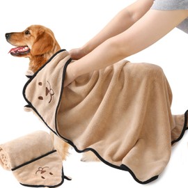 XRDDFL Quick Dry Towel for Dogs | Ultra Absorbent Microfiber Pet Towel | Extra Large 35x15 Size Dog Bath Towel | Comfortable Hand Pockets | Indoor Outdoor Use | Durable Material (Khaki)