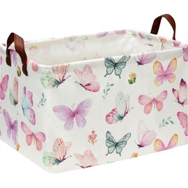 HKEC Rectangle Pink Butterfly Storage Basket with Handles, Collapsible Kids Toys Bin, Cute Baby Storage Basket,Books Box,Gift Basket(Pink Butterfly)