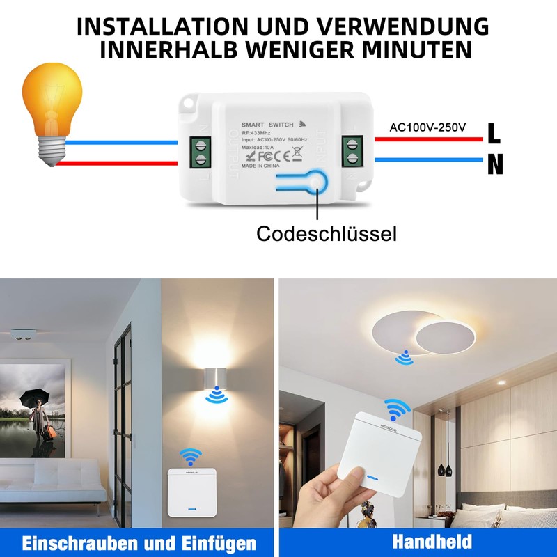 Wireless Light Switch 100-250V Remote Control Light Switch Kit Quick