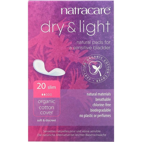 Natracare Dry & Light, Slim, Natural and Absorbent Pads with Organic Cotton Cover for Light Urinary Incontinence (6 Pack, 120 Pads Total)