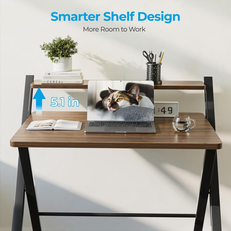 GreenForest No Assembly Folding Desk, 2-Tier Compact Computer Desk with