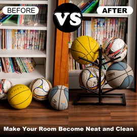 GENMOUS Double Side Metal Basketball Holder For Boys Room Decor, Metal Ball Rack Display Stand For Basketball Football Volleyball Storage, Ball Holder Sports Decor For Indoor Outdoor Ball Storage