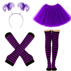 4 Costume Set Mardi Gras Gay Day Rainbow Women over Knee High Socks Arm Warmer Stretchy Gloves Headwear Headband Tulle Tutu Skirt (Medium,Purple)