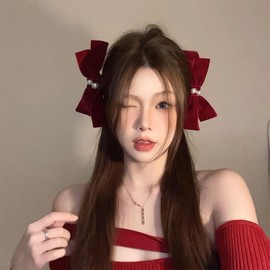 2Pcs Red Bow Clips for Hair Barrettes for Thin Thick Hair Bows with Pearl Hair Clip for Women Girls Christmas Hair Decorations for Women Teen Girls Bow Knot Hair Clip for Women Girls