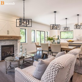 Bosomfr 16.5'' Farmhouse Chandelier 4-Light, Black Modern Light Fixture Cross Chandeliers for Dining Room Living Kitchen Island Bedroom Living,Rectangular Metal Industrial Hanging Ceiling Lighting