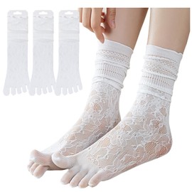 Qzkouma LSQW-86 Women's Total Lace Socks, 3 Pairs Set, Hollow Socks, Summer, Mesh, Crew Socks, Open Opening, white/5 fingers, Free size