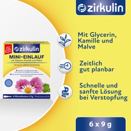 Zirkulin Mini Enema for Mild to Moderate Constipation with Glycerin, Chamomile and Mallow Stimulates Intestinal Emptying 1 x 6 Microclysters of 9g