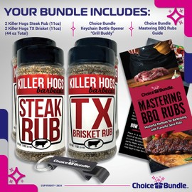 Killer Hogs Steak Rub & TX Texas Brisket Rub Premium BBQ Barbecue & Seasoning 4 pk Variety Choice Bundle (44 oz) + BBQ Guide & Keychain Bottle Opener (6 Items)!