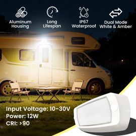 Gloppers Aluminum RV Exterior Porch Light, Dual-Color LED with Switch, 1400 Lumen 10-30V IP67 Waterproof Floodlight, Low Current All-Weather Lighting for Campers, Trailers, Trucks & 5th Wheels (White)