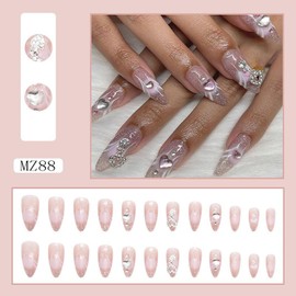 Press on Nails Almond Medium Length Glossy Full Cover Acrylic Pink False Nails with Heart Gems Designs Artificial Almond Fake Nails with Charms Glue on Fingernails for Women Girls