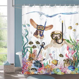 Torich Funny Cat Shower Curtain for Bathroom, Cool Scuba Diving Cat Dog Kids Decor Bath Curtains, Tropical Fish Coral Underwater Sea Ocean Animal Shower Curtain with Hooks 69 x 70 Inchs