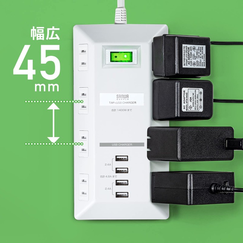 Sanwa Supply TAP-B109U-3WN Flat Tap with USB Charging Port White