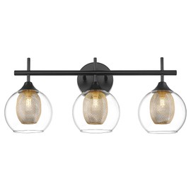 Audickic Bathroom Light Fixtures, 3-Light Black and Gold Vanity Lights Over Mirror, Farmhouse Wall Sconce Lighting with Clear Glass and Honeycomb Metal Shade, AD-22001-3W-BK