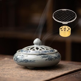 Incense Stand, Incense Burner, With Lid, Stylish, Ceramic, Stainless Steel Net, Non-Flammable Sheet, Incense Set, Swirl Incense, Buddhist Altar, Yoga, Reading, Pets, Dyed Incense Burner, Blue Flowers