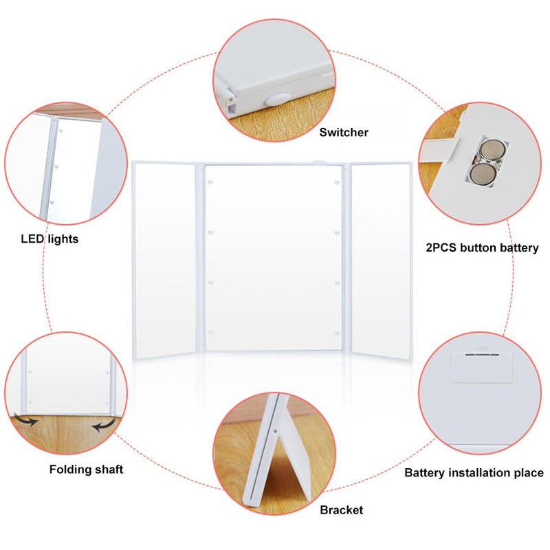 LED Trifold Makeup Mirror 360 Degree Tri Fold Led Illuminated