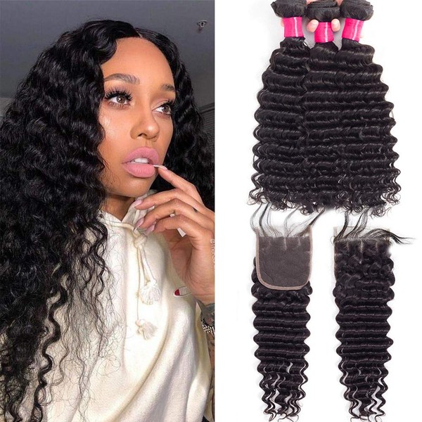 VRVogue (24" 26" 28") Deep Wave Brazilian Human Hair Bundles with 22 Inch HD Lace Closure 4x4 Three Part with Baby Hair 100% Unprocessed Virgin Brazilian Human Weave Hair Extensions Natural Black
