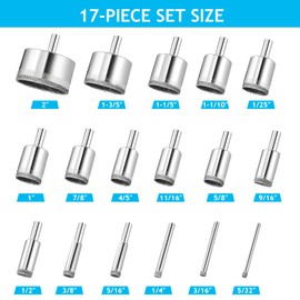 Diamond Set, 17 PCS Tile Drill Bits Diamond Drill Bits 1/4"、5/16"、3/8"、1/2"、9/16"、5/8"、11/16"、4/5"、7/8"、1-1/5", for Ceramic Tile Porcelain Marble, 4mm - 50mm
