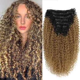 LACE PLUS Clip In Hair Extensions - Synthetic hair Black Strawberry Blonde Clip in Hair Extensions Jerry Curly Extensions for Black Women Clip In Extensions Hairpieces (T1B/27# 24 Inch)(Pack of 7)