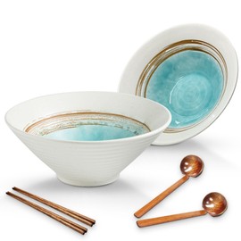 mehrido Ceramic Ramen Bowl Set, 2 Sets 34 Ounces Large Japanese Noodle Soup Bowls with Spoons and Chopsticks for Soup Udon Soba Pho Asian Noodles Pasta Salad