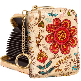 Bistup Credit Card Holder for Women Cute Small for Ladies Teen Girls Female Rfid Leather Cardholder Wallets with Keychain Accordion Organizer Purse Flower Girly Aesthetic Print Unique Zipper