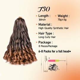 Spiral Curl Hair Extensions 16Inch Silky Ombre Curly Braiding Hair 75g/Pack Long French Curls for Black Women 8 Pack Synthetic Pre Stretched Braiding Hair (16 Inch,8 Pack,T30)